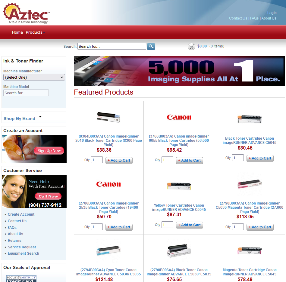 Screenshot of Aztec Corporate Supplies Store website.